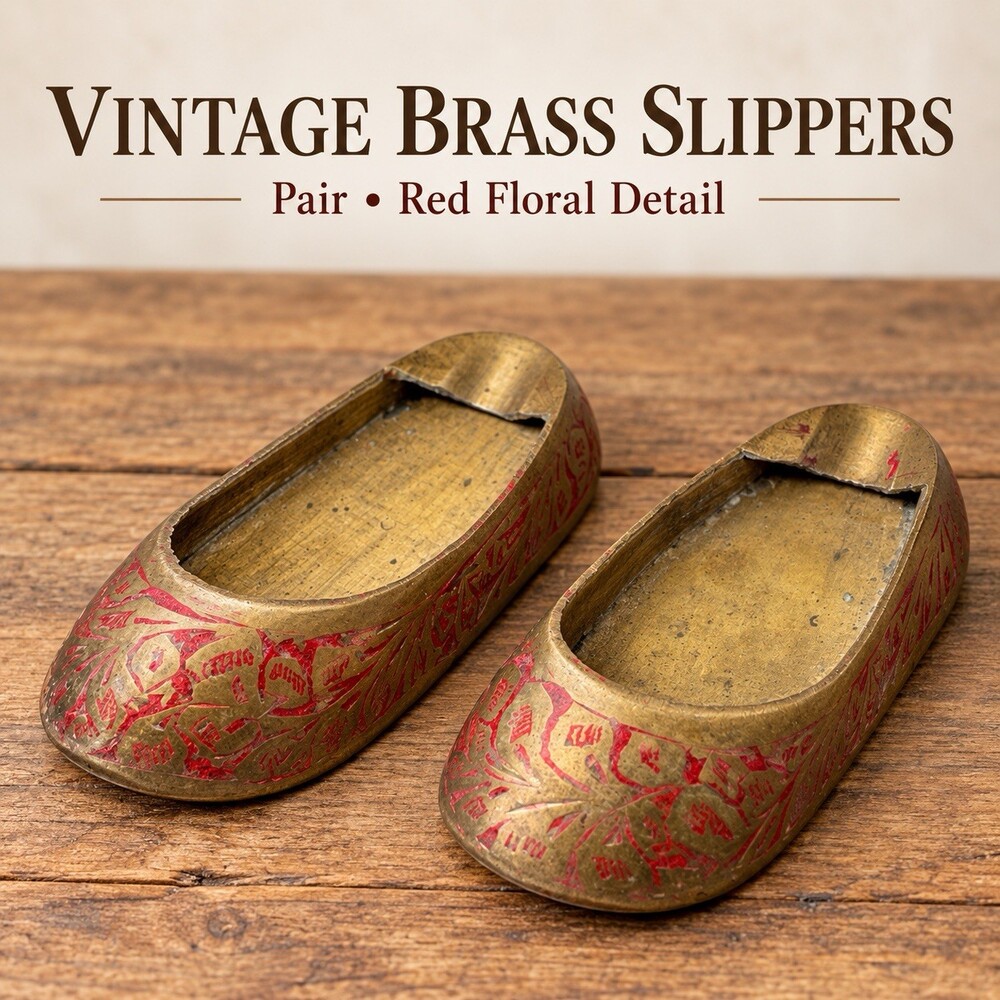 Vintage Brass Slipper Ashtrays Pair Red Floral L.S. Ayres Labels Mini Shoes